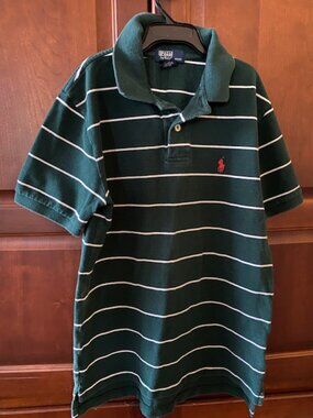 Polo Ralph Lauren Boys Green/White Stripe Pique Polo Shirt Sz 12-14